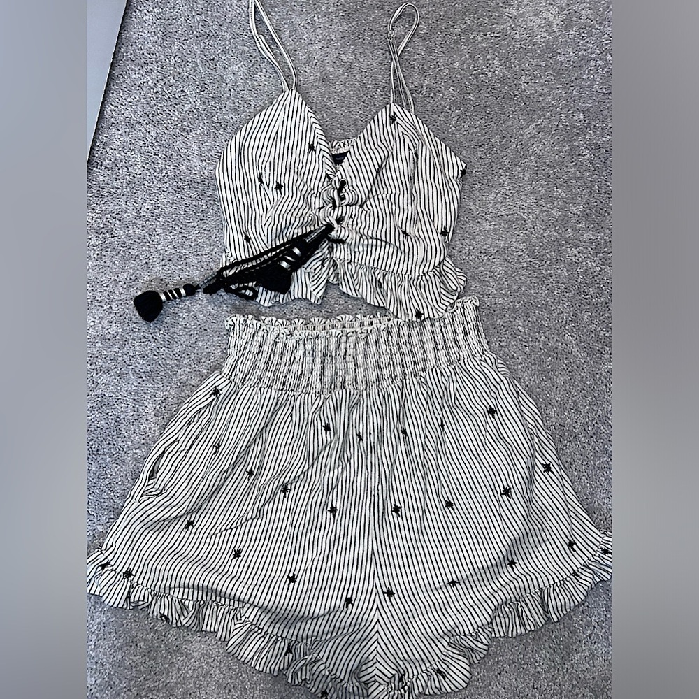 Striped Black & White Tie-Front Crop Top and Shorts Set